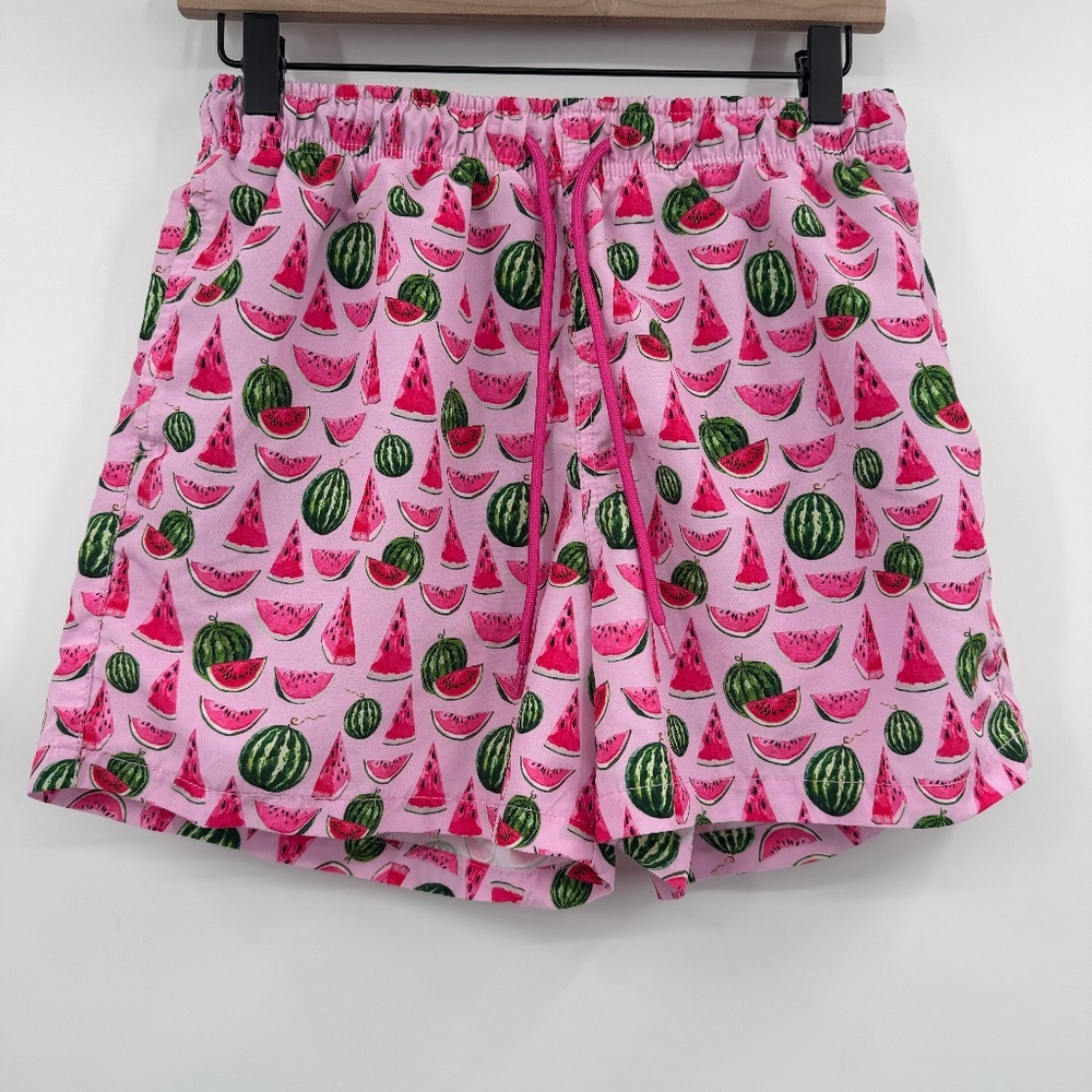 Happy Hour Swim Trunks Men Small Pink Watermelon Mesh Lined Shorts Elastic Waist